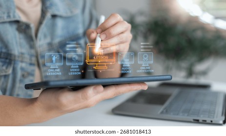 Hand using a tablet with an AI learning interface, online lessons, e-learning platform, video courses, digital education technology, online certification, and smart study with artificial intelligence.