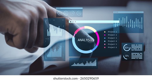 Hand using tablet with digital dashboard displaying analysis charts and infographics on a virtual interface, representing business data analytics