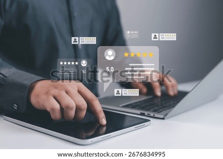 Hand using tablet and laptop with five star rating and 5.0 customer review icons. Concept of online feedback, digital review, customer satisfaction, reputation management, and trust Digital Survey