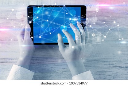 Hand Using Tablet Linking Graphs Charts Stock Photo 1037534977 ...