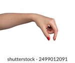 A hand using two fingers thumb and index finger to show or measure a small, invisible object. The gesture is performed by a woman with well-manicured red nails against a white.