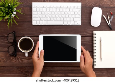 Hand Using White Tablet On Workspace Stock Photo 400429312 | Shutterstock