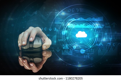 Hand Using Wireless Mouse With Cloud Technology Concept And Dark Background