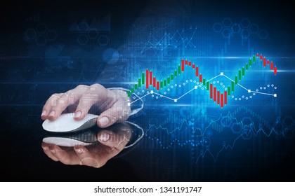 Hand using wireless mouse with statistical concept on dark background