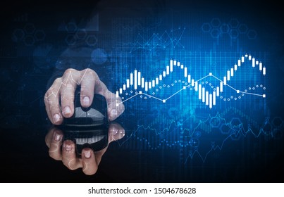 Hand Using Wireless Mouse With Statistical Concept On Dark Background