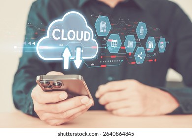 Hand and visual screen display cloud computing technology for database drive file transfer sharing backup and work on cloud or electronic document storage data search and management