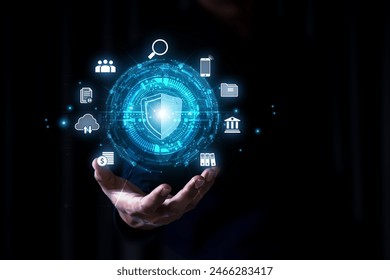 Hand and visual screen with key security access protection for personal online data safety and cloud computing identity system or internet firewall protect or cyber attack concepts.
