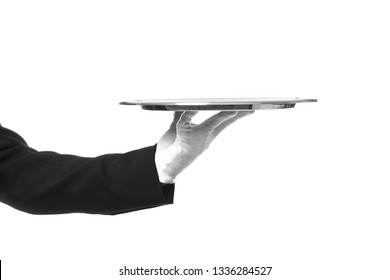 Hand of waiter with empty tray on white background
