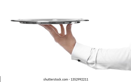 Hand Of Waiter With Empty Tray On White Background