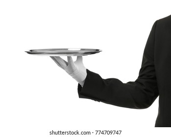 Hand Of Waiter With Metal Tray On White Background