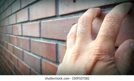 a hand at wall with bricks 