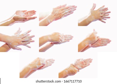 Hand washing medical procedure 7 steps that are correct. Isolated on white background. 