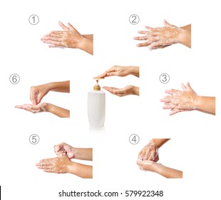 Hand washing medical procedure step by step. Isolated on white background.