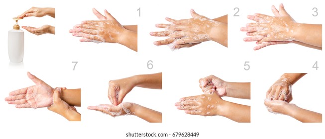 Hand washing medical procedure step by step. Isolated on white background. - Shutterstock ID 679628449