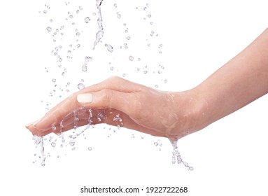 Hand As Water Protection. Water Falling On The Hand On A White Background