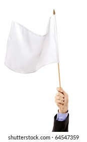 Hand Waving A White Flag Isolated On White Background