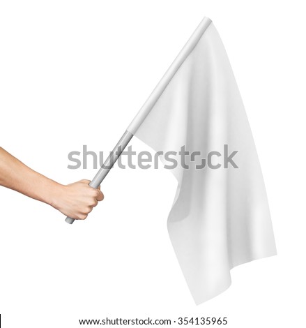 Hand waving a white flag isolated on white background.