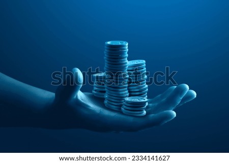 Hand wealth money business finance coin investment growth strategy profit concept on financial banking economy background of success market income cash currency or increase rich budget earnings fund.