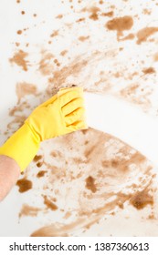 Hand Wearing A Glove Wiping A Dirty Counter Or Floor With A Sponge