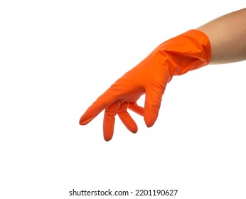 Hand wearing orange rubber glove as Michelangelo Creation of Adam, isolated. Signs with the fingers of the hand on white background.