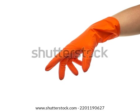 Hand wearing orange rubber glove as Michelangelo Creation of Adam, isolated. Signs with the fingers of the hand on white background.