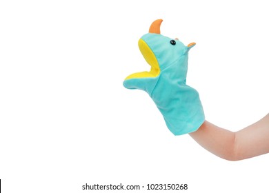 Hand wearing Rhinoceros puppets with copy space isolated on white background, Rhinoceros head.