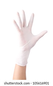 Hand Wearing Surgical Gloves  On White Background