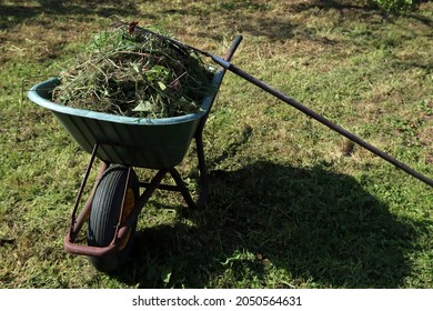 Hand Wheelbarrow On Grass. Garden Lawn Maintenance Works. Autumn Season In Europe. 