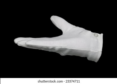 Hand in a white glove held out flat, isolated on a black background, Good for product placement.