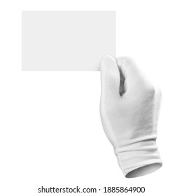 Hand in white glove holding blank card, isolated on white background