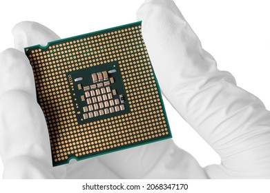 Hand With White Glove Holding CPU Or Microcomputer Isolated On White Background.