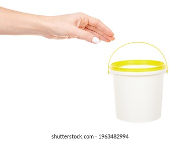 Hand With White Paint Bucket Isolated On White