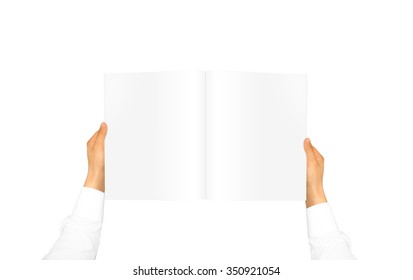 Hand In White Shirt Sleeve Holding Blank Journal In The Hand. Empty Magazine Presentation. Pamphlet Hand Man. Man Show Pages. Sheet Template. Booklet In Hands. Book Design. Catalog Sheet Display.