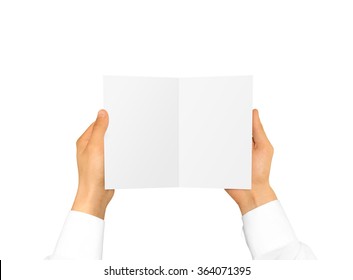 Hand In White Shirt Sleeve Holding Blank Booklet Card. Offset Brochure Opening Presentation. Pamphlet Hand Man Show Paper. Sheet Template. Booklet Design. Fold Paper Display.