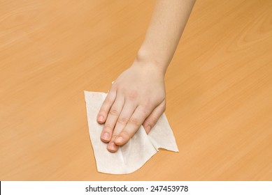 Hand With White Wet Wipe Kithchen Cleaning