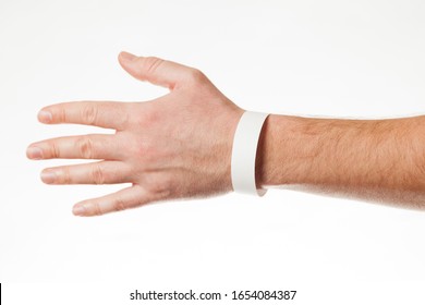 Hand With White Wristband Mockup. Empty Ticket Wrist Band Design.