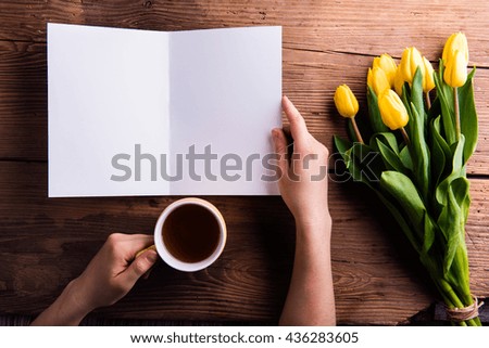 Similar – Image, Stock Photo Hand with a gift on pink background with copy space