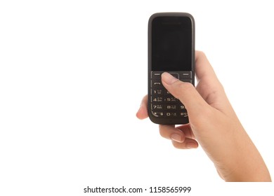 Hand Of Woman Holding Old Moblie Phone Isolated On White Background. Free From Copy Space.
