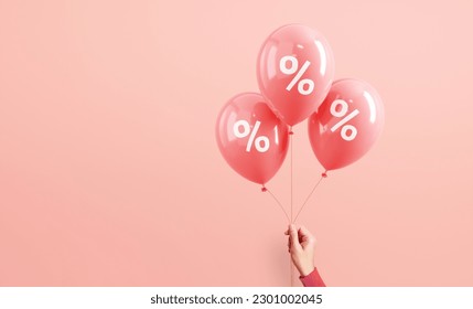 Hand of woman holding pink balloons with percent on pink background, Minimal, Sale and discount. copy space. - Shutterstock ID 2301002045