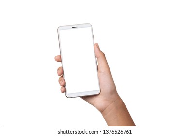 Hand Woman Holding Smartphone With Blank Screen Isolated On White Background With Clipping Path