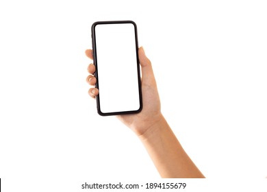 Hand woman holding smartphone with blank screen isolated on white background with clipping path
