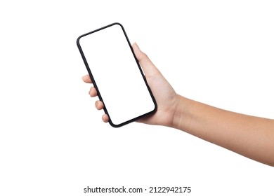 Hand woman holding smartphone with blank screen isolated on white background with clipping path - Shutterstock ID 2122942175