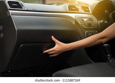 Hand Woman Open Glove Compartment Box Inside Modern New Car