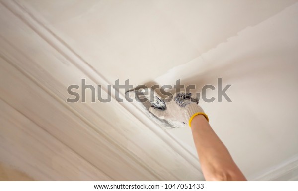 Hand Woman Plasterer Repairs Ceiling Plaster Stock Photo Edit Now