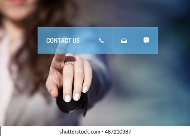 Hand of woman pressing contact us button on touch screen. Customer service concept. - Shutterstock ID 487210387