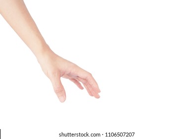 Hand Of Woman Is Reach Down Pick Up Or Take Or Catch Gesture Isolated On White Background