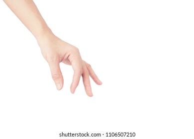 Hand Of Woman Is Reach Down Pick Up Or Take Or Catch Gesture Isolated On White Background