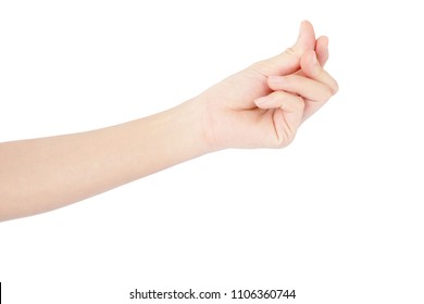 Hand Of Woman Is Reach Out Show Snap Gesture Isolate On White Background