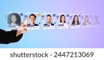 Hand of woman recruiter choosing the right candidate from a row of portraits over blue and purple background. Concept of human resources and recruitment