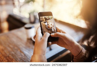 Hand, woman and smartphone for food photography in table at cafe for art, project or social media post. Influencer, coffee and screen with cup at restaurant for lunch or break with mobile app - Powered by Shutterstock